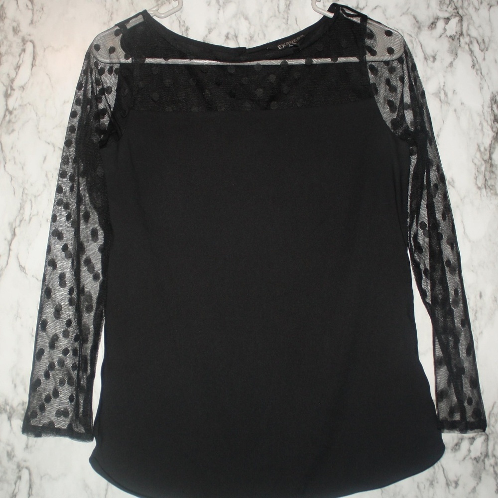 Express Black Polka‎ Dot Lace Sleeve Top XSmall